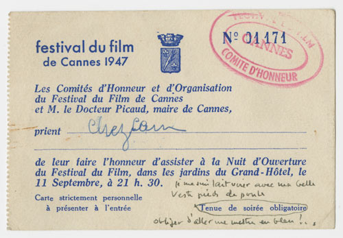 Invitation à l'ouverture du Festival de Cannes, 1947